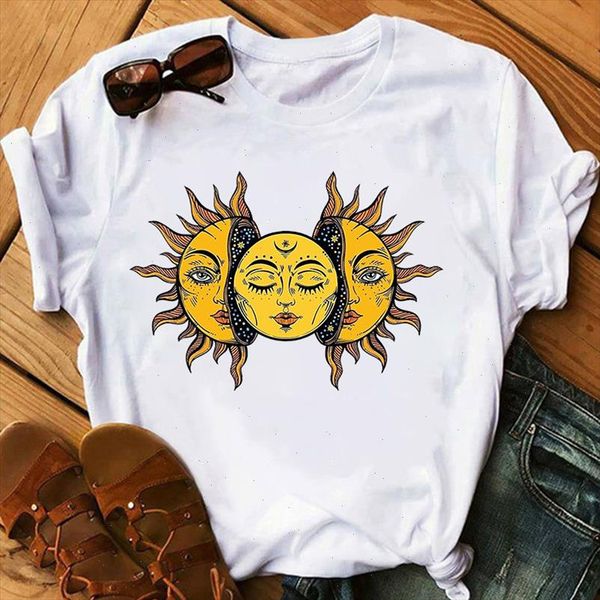 

new harajuku aesthetic women tshirt sun moon print loose o neck short sleeve stretched tshirt femme casual fashion summer, White