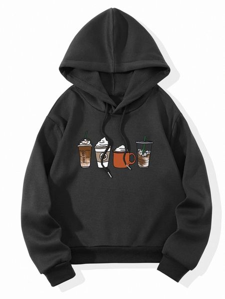 

cup print drawstring thermal lined hoodie g6ad#, White;black