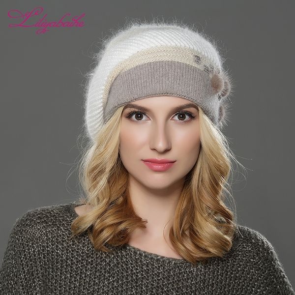 

liliyabaihe new winter women beret hat knitted wool angora beret patchwork stylish mink flower decoration cap double warm hat y200102, Blue;gray