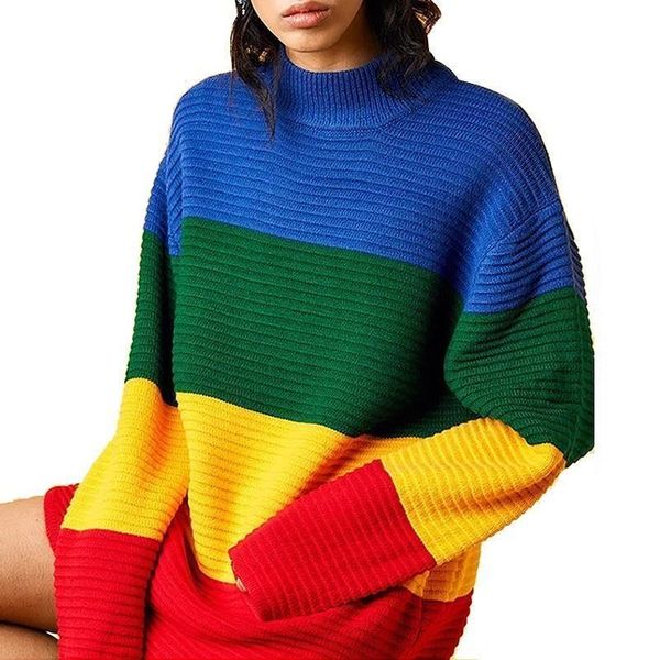 

2021 autumn winter loose sweater female rainbow pullover knitwear wide stripe full sleeve high collar knitting jumpers vestidos, White;black