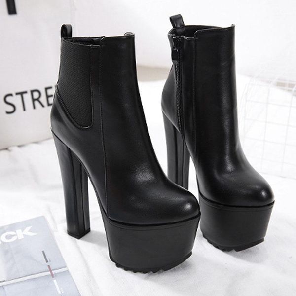 

boots women's high heel motorcycle elastic belt waterproof platform short1, Black