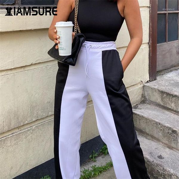 

iamsure patchwork women joggers sweatpants drawstring high waist casual loose female sports trousers 90s lady straight pants1, Black;white