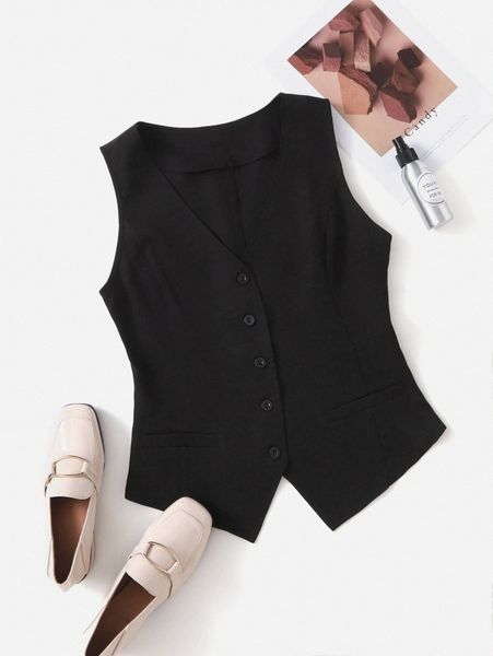 

solid button front waistcoat e3tt#, White;black