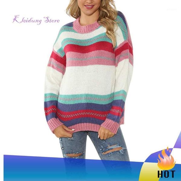 

2019 women o-neck long sleeve color block striped print knitted sweater pullover, White;black
