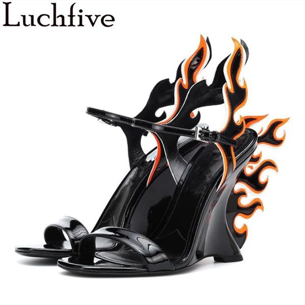 

luchfive white fire special wedges sandals women ankle buckle gladiator high heels summer runway design party shoes woman black 0928