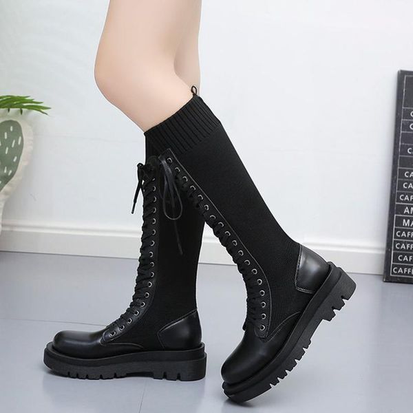 

boots drop autumn women black elastic knitted knee high female platform long fashion cross tied patchwork shoes