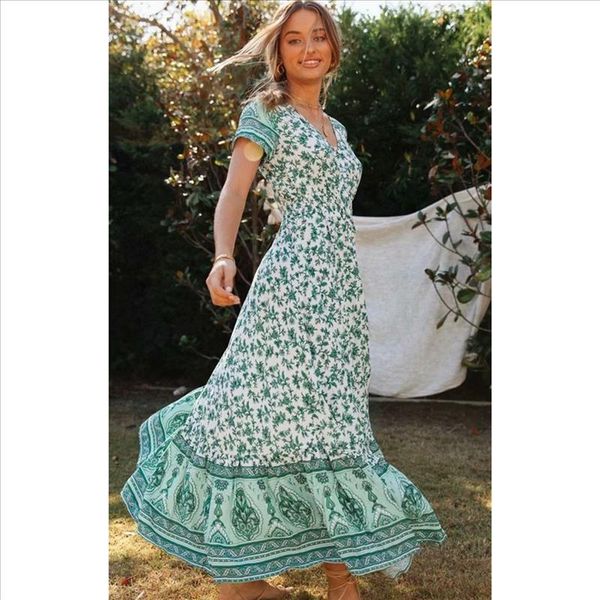 

цветочные printed хиппи maxi платье с коротким рукавом v шеи винтаж vestidos лета 2019-бич boho повседневная одежда длинные платья женщин, Black;gray