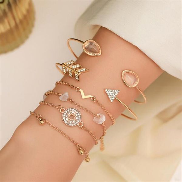 

charm bracelets 6 pcs/set 2021 stone bracelet cat-eye crushed v-shaped bangles women jewelry fashion elegant for gifts, Golden;silver