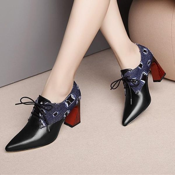 

fashion brand women high heels genuine leather corss-tied spring summer shoes woman rome style poined toe party pumps, Black