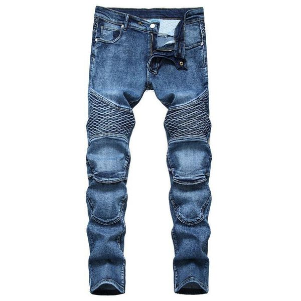 

men's jeans checked splied motorcycle men slim fit straight 2021 pants pleated high street large size 42 trousers, Blue