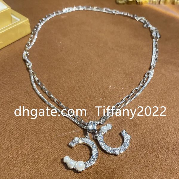 

fashion diamond type c letter double layer necklace women pearl autumn and winter sweater chain, Silver