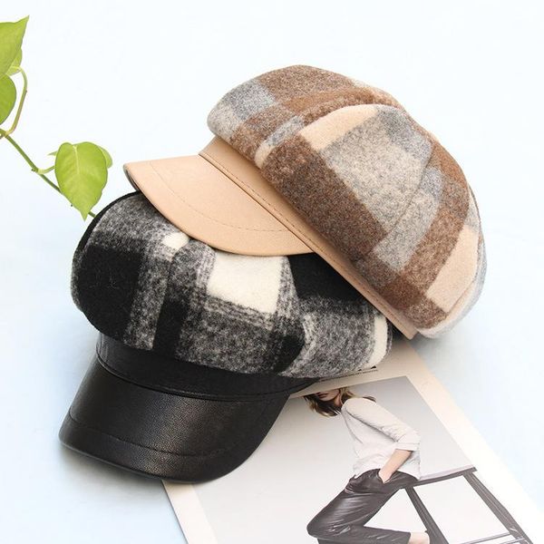

large lattice color matching leather skirt female japanese octagonal hat british retro beret sombreros de mujer gorros invierno, Blue;gray