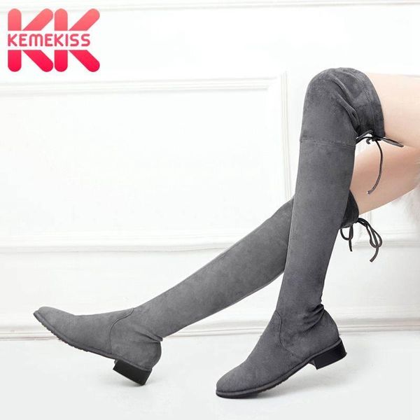 

boots kemekiss arrival winter stretch women flats shoes keep warm round toe lace up casual over the knee size 34-401, Black