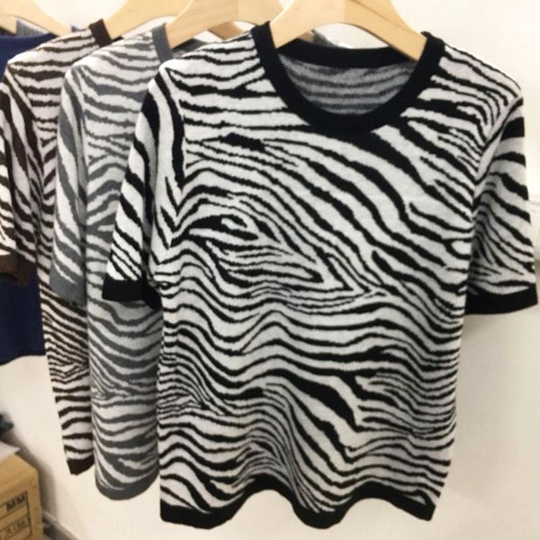 

2020 zebra print short sleeve women's new autumn korean loose color matching coat t-shirt t-shirt with thin crew neck women htrhu ht, White;black