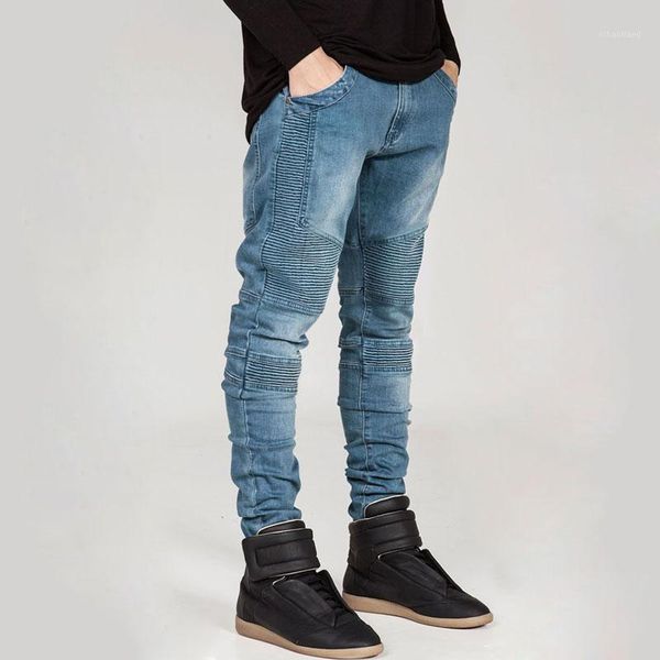 

men's jeans 2021 biker man locomotive retro slim pants fake zipper design fashion skinny trousers denim pencil 29-381, Blue