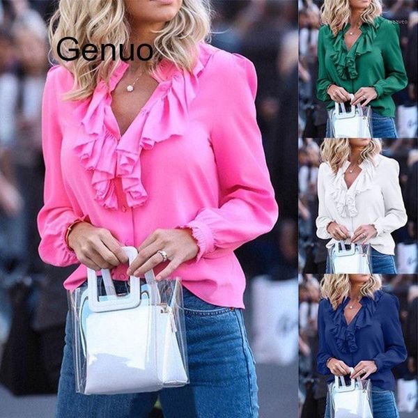 

chiffon blouses women spring fashion long sleeve v-neck ruffle elegant slim solid office lady casual shirts plus size1, White