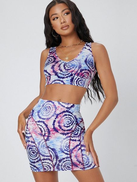 

tie dye crop tank & contrast stitch skirt set u4iy#, White