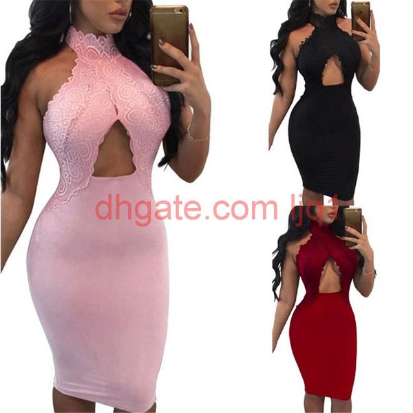 

lace womens dresses o neck hollow out solic color skinny dress for women sleeveless slim ladies dresses, Black;gray