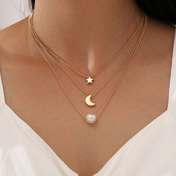 

fashion simple neck clavicle chain multi-layer layered star moon pearl like pendant necklaces for women, Silver