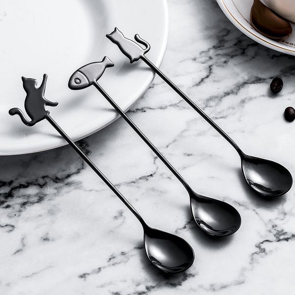 

304 stainless steel spoon long handle cat fish stirring scoop ice cream cartoon coffee spoons multi color water drop shape new 3 1sh g2