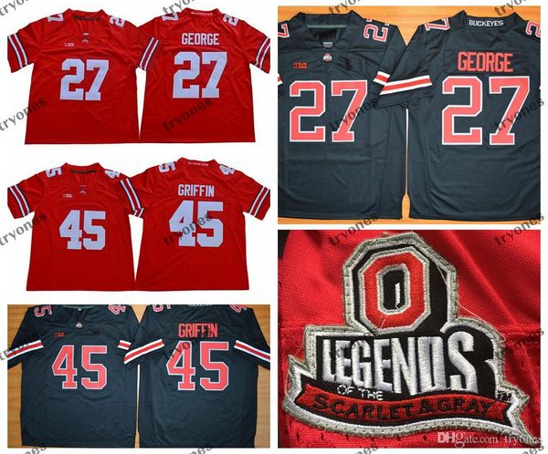 

mens vintage ohio state buckeyes 27 eddie george 45 archie griffin college football jerseys legends university stitched football shirt, Black;red