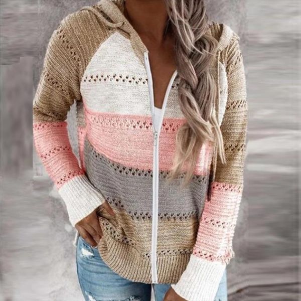 

2020 autumn women striped sweaters fashion patchwork v neck zipper cardigan ladies casual long sleeve hooded knitted sweater, White;black