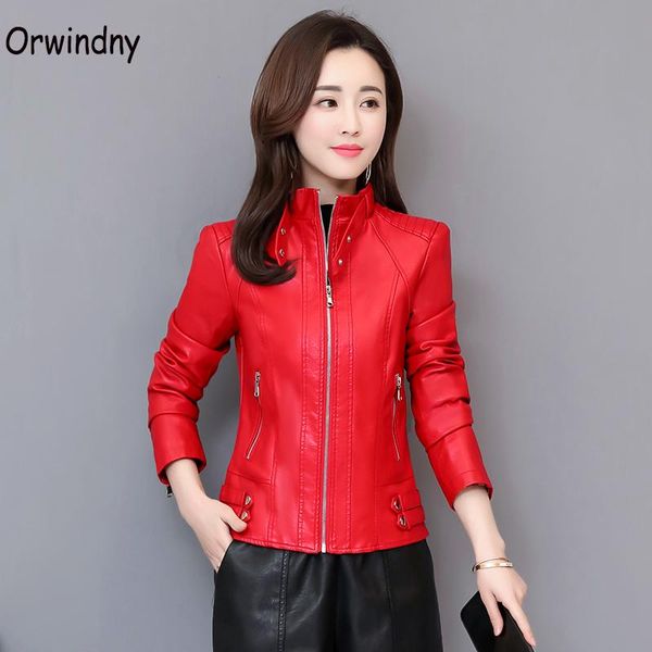 

women's leather & faux motorcycle jacket female stand collar autumn clothing streetwear red spring coats orwindny, Black