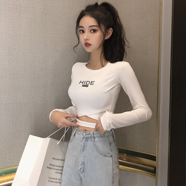 

autumn 2020 new slim design feeling cross long sleeve t-shirt korean letter printed short women's fashion