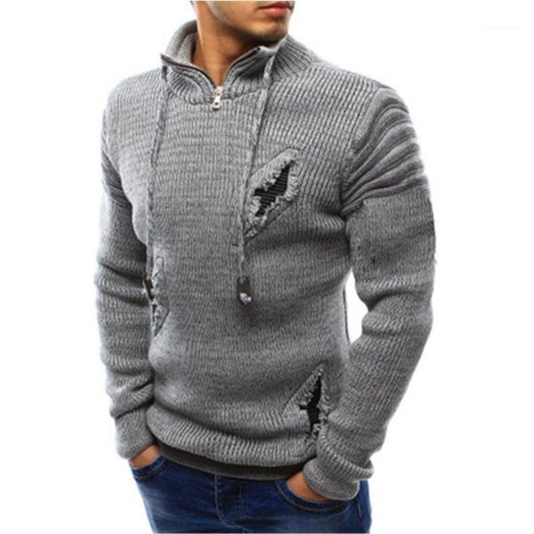 

pullover sweater male spring new zipper neck loose casual bottoming man zipper knitting sweaters fashion trend hole long sleeve, White;black