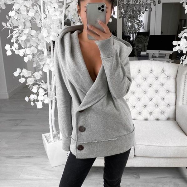 

hoodies women asymmetric button design long sleeve hooded coat autumn winter hoodie woman v neck loose sweatshirt jacket, Black