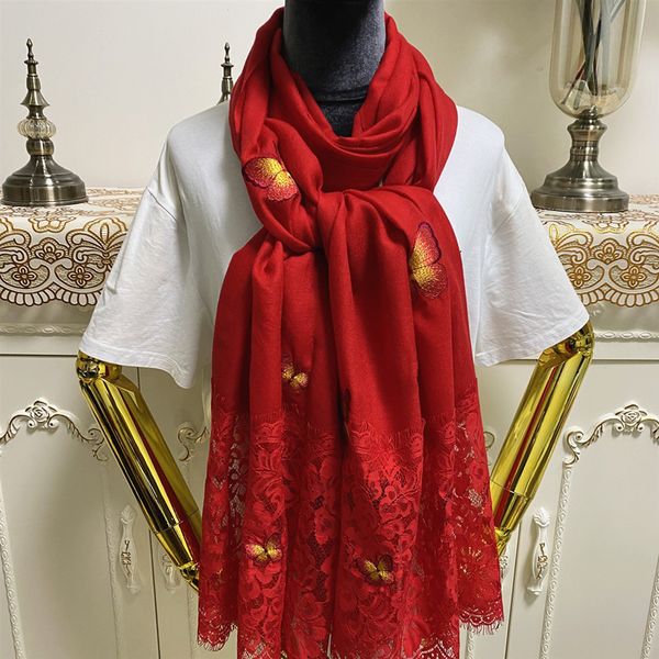 Novo estilo de boa qualidade 100% Cashmere material fino e macio bordado borboleta lenços longos para mulheres tamanho grande 240cm -72cm