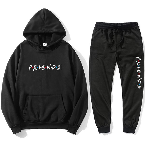 

2021 new friends hoodie harajuku letter print pocket warm thick men's pullover + hip hop jogging pants loose sweatshirt set ieho, Black
