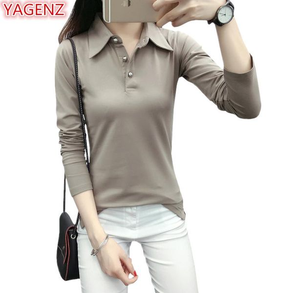 

yagenz pullover women t-shirt fashion solid color spring autumn young lady t-shirt slim lapel long sleeves 912, White