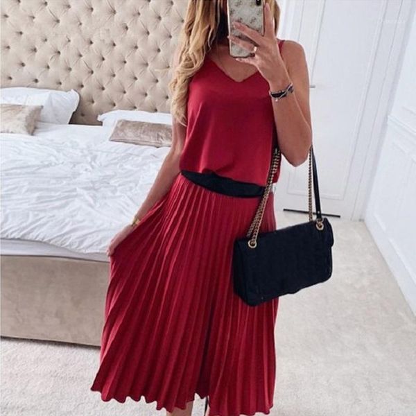 

pleated tunic strap long dress ladies fashion v-neck beach dress sundress women casual evening party vestido de fest1, Black;gray