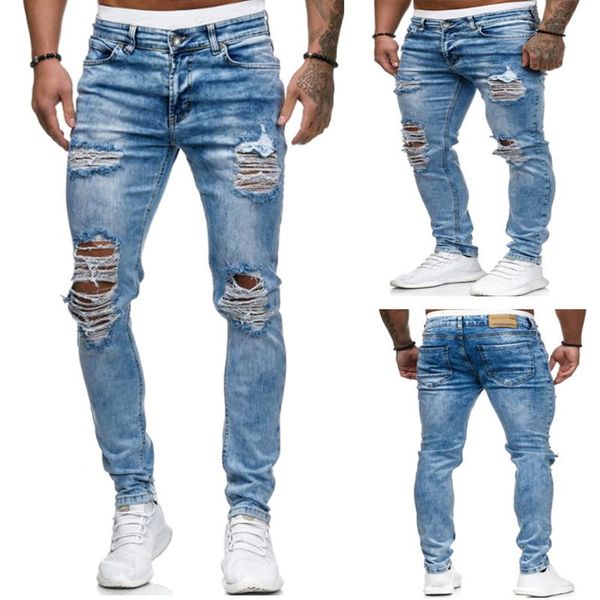 

men's jeans destroyed ripped men 2021 skinny mens hole stretch denim trousers spring thin straight pencil long pants male, Blue