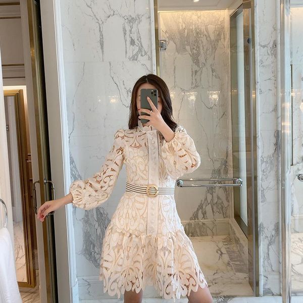 

brand women dress 2021 spring new hollow floral beige lace dresses stand collar bubble long sleeve belted retro dress, Black;gray