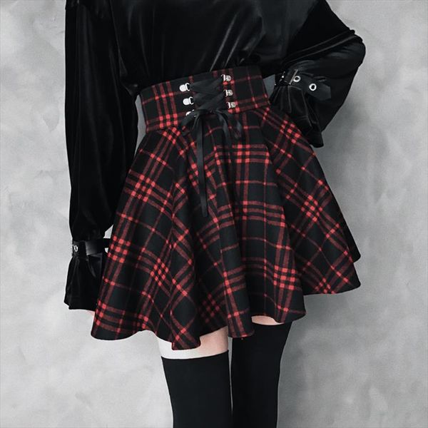 

new gothic punk harajuku women skirt 2020 spring casual red plaid pleated woolen female fashion lace up skirts, Black