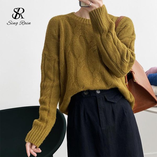 

singrain thicken mohair knitted pullovers women casual loose long sleeve jumper winter fashion soft warm hair sweater, White;black