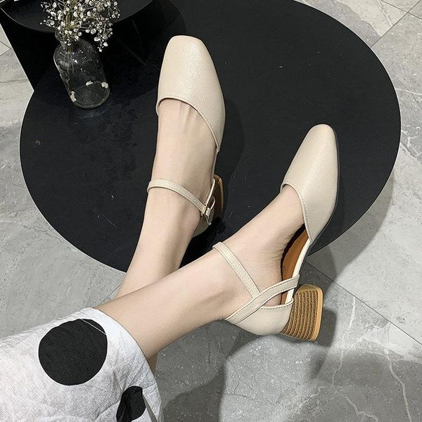 

european-style sandals women pumps 2020 new spring and summer wild word buckle retro square head thick heel heel shoes, Black