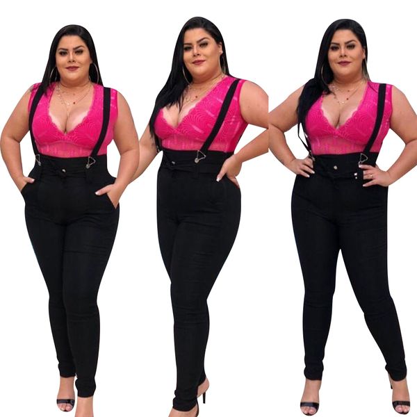 

5xl women jeans jumpsuit casual high waist overalls jeans plus size black skinny jeans woman streetwear denim pant playsuit d25 201105, Blue