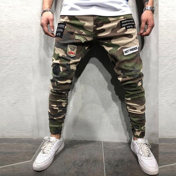 

europe and america new style men's jeans badge decoration elasticity slim fit tight elastic foot mouth camouflage skinny pants, Blue