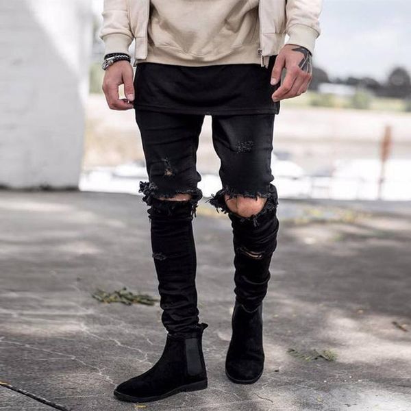 

mens spring new streetwear ripped jeans male korean style high street personality design distressed denim pants slim fit stretch1, Blue