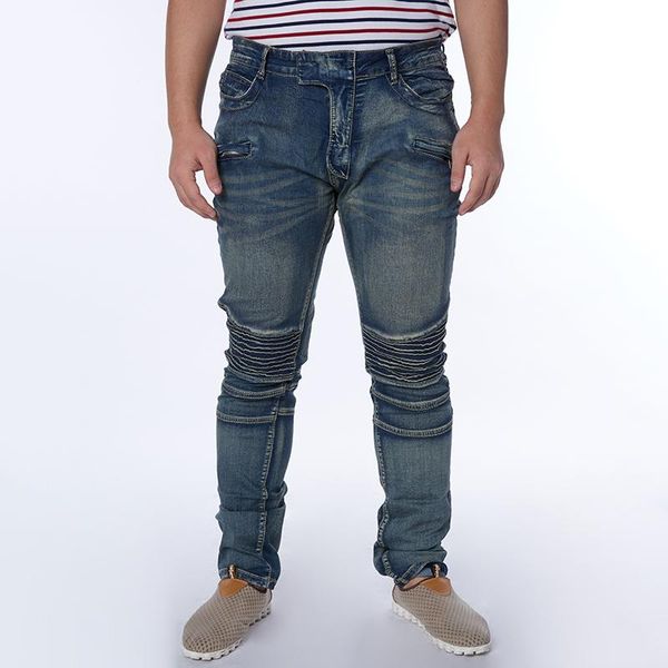 

men's jeans plus size men brand clothing solid biker for casual skinny ripped male denim pencil pants, Blue