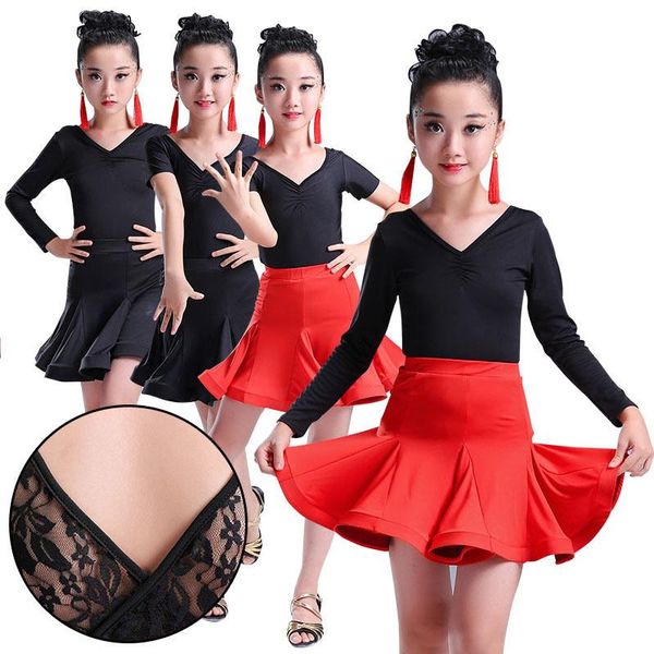 

stage wear lace kids latin dress costume children long sleeve ballroom dance spandex for girls salsa rumba cha samba tango ruffle skirt, Black;red