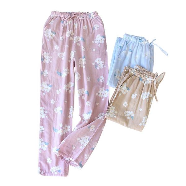 

spring and fall women soft cotton sleep bottoms elegant floral printed ladies full length pants elastic waist homewear, Black;red