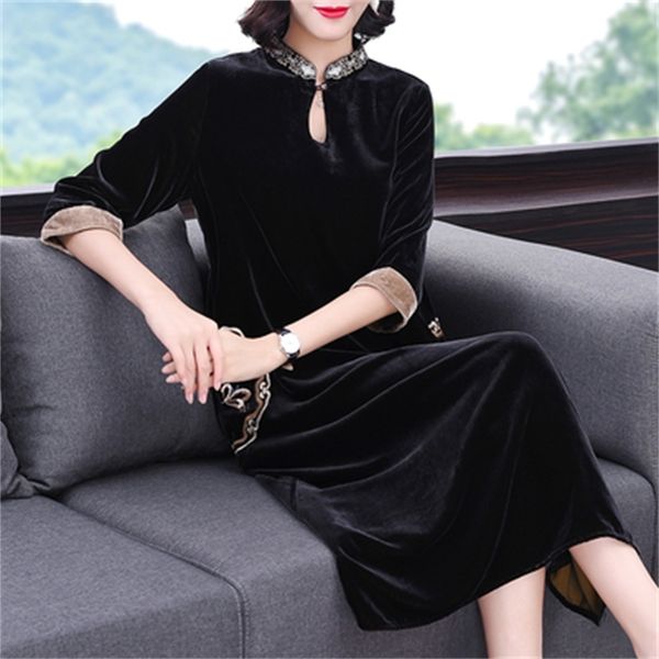 

dressed gilded velvet embroidered floral high turtleneck chinese-style ladies in party dress noche femme robe 5fik, Black;gray