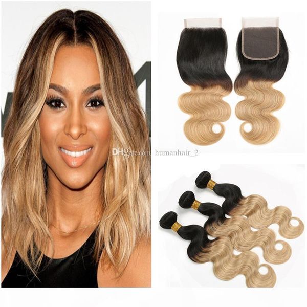 

honey blonde hair ombre weaves with lace closure brazilian virgin human hair weaves strawberry blonde ombre hair with 4x4 lace closure, Black;brown