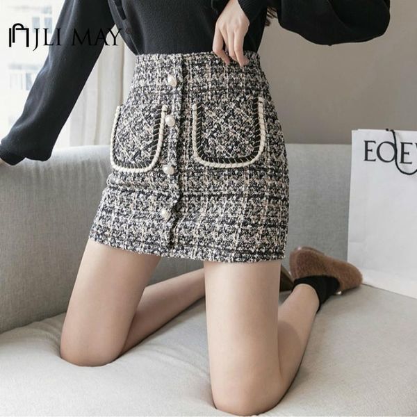 

skirts jli may women plaid skirt autumn winter single breasted high waist a-line woolen casual, Black