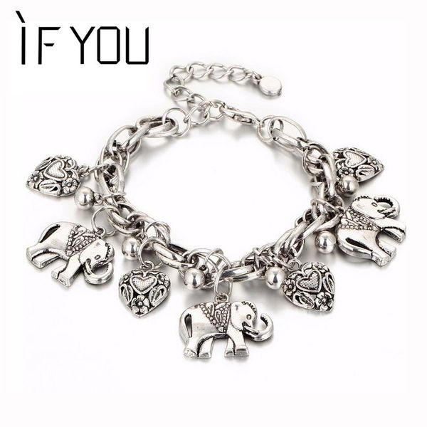 

link, chain vintage silver color elephant charm bracelet for men bohemian statement bracelets bangles pulseira feminina jewelry gift, Black