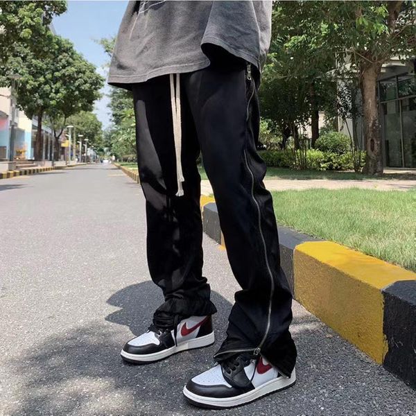 

harajuku side full zipper drawstring sweatpants mens oversize high street loose casual trousers solid baggy hip hop track pants1, Black